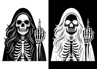 Gothic Skeleton Woman with Middle Finger Gesture Vector Line Art