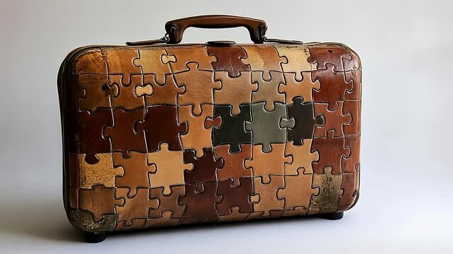 Vintage leather suitcase designed like a jigsaw puzzle, showcasing intricate craftsmanship