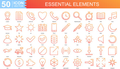Essential Elements icon collection set. Containing Location, Document, phone call, Heart, Telephone, clock icon