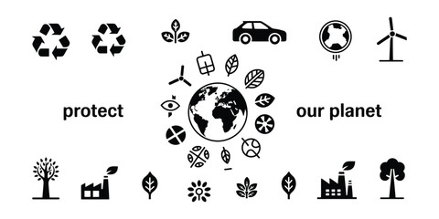 Protect Our Planet Icons Black Silhouette With Recycle Symbols, Car, Leaf, Windmill