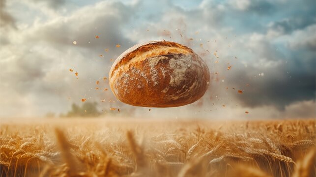 Artisanal sourdough bread on wooden background levitating over a wheat field with cloudy atmosphere, surreal or dreamlike imagery