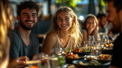 a group of diverse friends enjoying a meal together