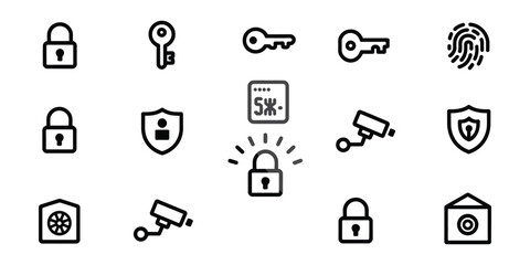 Security Icons Set with Padlocks, Keys, Shield, Safe and CCTV Camera on White