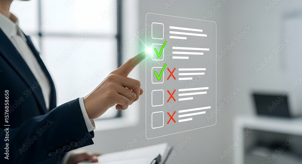 Poster businessman showing online document validation icon, concepts of practices and policies, company art