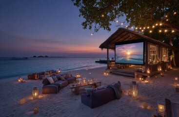 An open air cinema on the beach of the Maldives, with a large screen showing an evening movie
