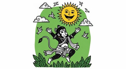 A joyful illustration of hanuman playing under the sun