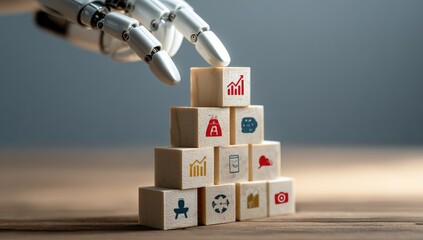 robot hand placing wooden blocks with marketing icons on them