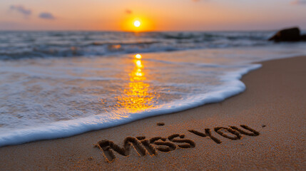 Miss you message written on the beach sand with ocean waves and a sunset in the background view