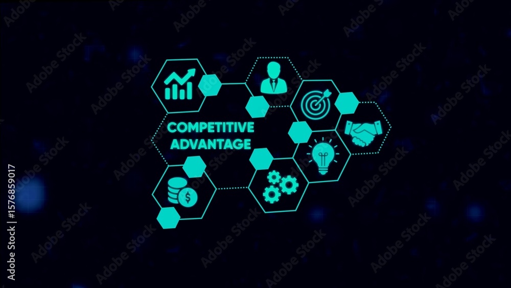 Poster visual representation of competitive advantage with business icons and modern design