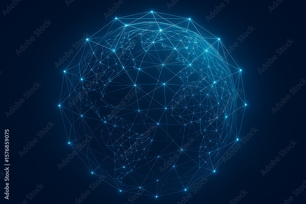 Poster polygonal digital earth with glowing lines showing america-focused virtual mesh for futuristic inter
