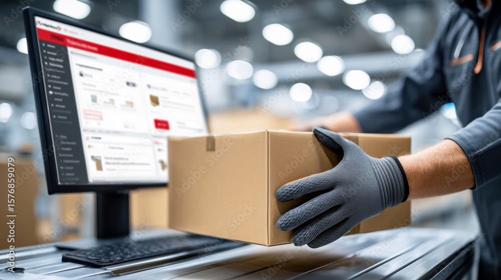 Poster warehouse worker in gray gloves handling package at computer desk in modern distribution center with