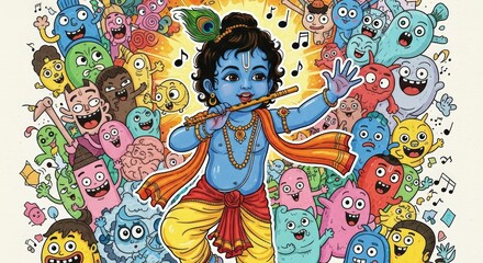 Obraz premium Illustration of krishna playing flute with cartoon characters