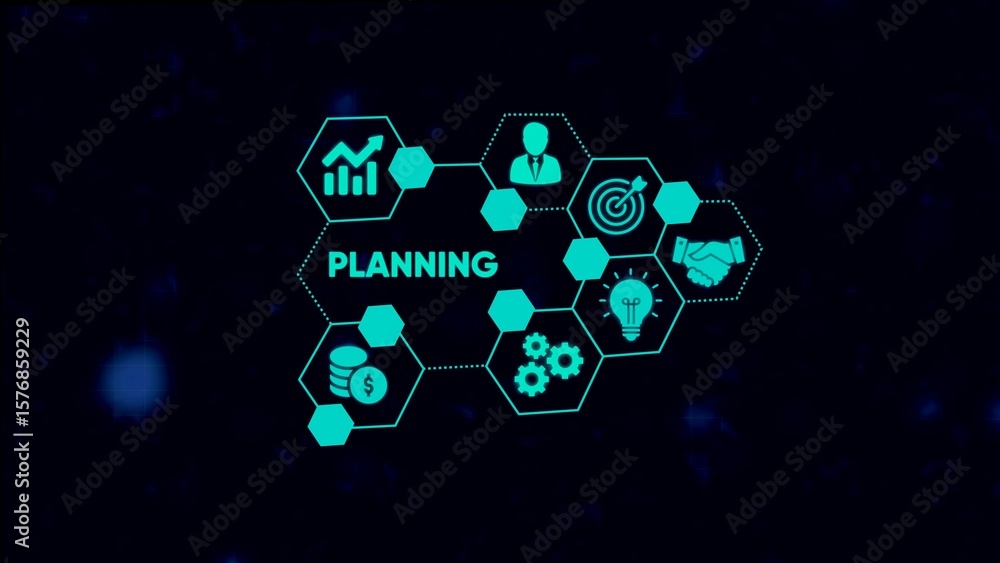 Aufkleber digital representation of business planning strategy with associated icons and concepts visualized