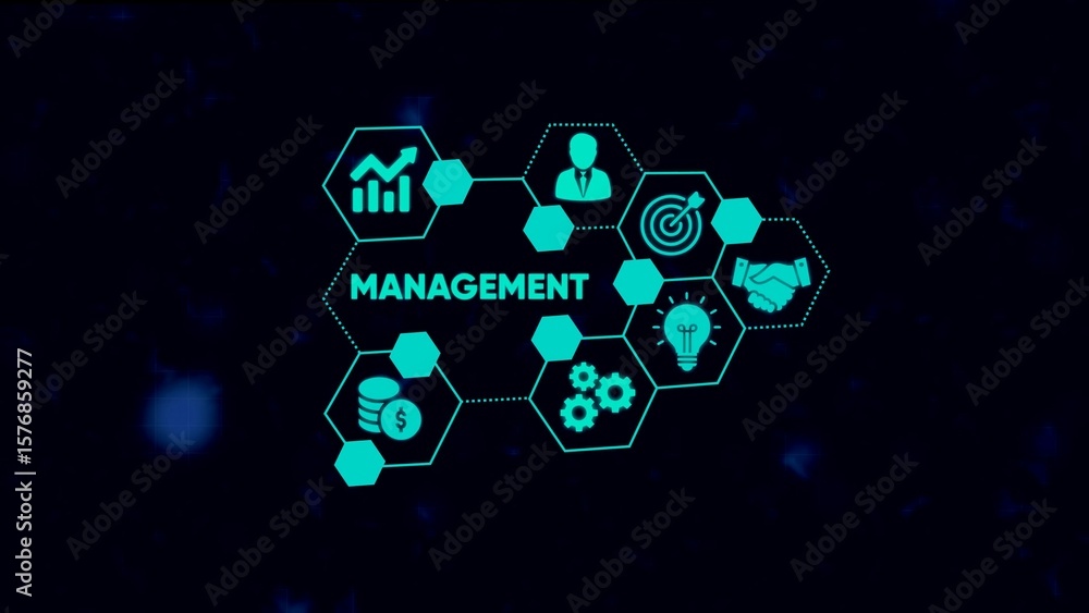 Poster digital abstract management concept with growth charts icons and strategic visuals on dark backgroun