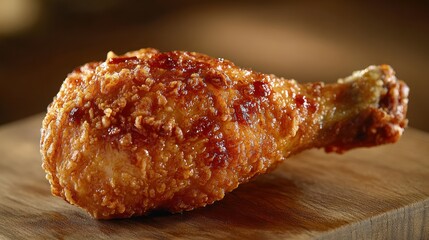 Crispy fried chicken drumstick on a wooden board