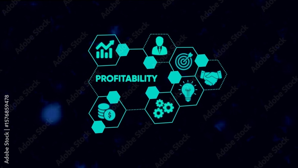 Aufkleber visual representation of business profitability with connected icons and concepts on dark background