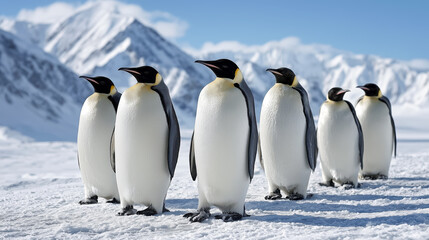 Fototapeta premium Group of Emperor Penguins Standing on Snowy Landscape with Majestic Mountains in Background, Capturing Stunning Wildlife Moment in Arctic Environment