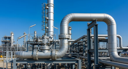 Industrial Oil Refinery Plant Pipelines, Clear Blue Sky