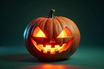 A glowing carved halloween pumpkin with a spooky face illuminated by warm light against a dark background