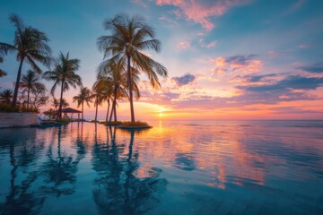 an infinity pool with palm trees and a sunset, a Maldives island landscape