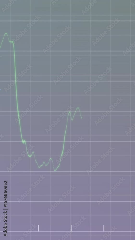 Poster animation of financial data processing over grid network against purple background