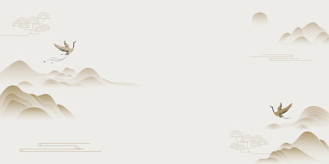 Japanese minimal background vector. Wallpaper design with crane bird, mountain, cloud line art on light background. Illustration for cover, banner, website, package, deco interior.