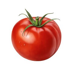 A vibrant red ripe tomato with green stem and water droplets isolated on transparent background
