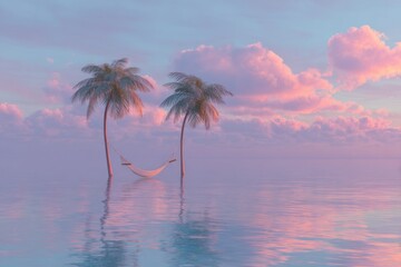 Obraz premium two palm trees with their reflection in the water a hammock suspended between them.