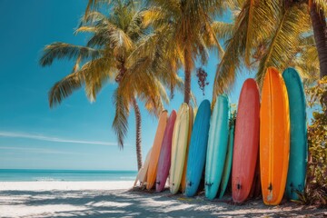  Colorful surfboards leaning against the wooden wall of a beach bar