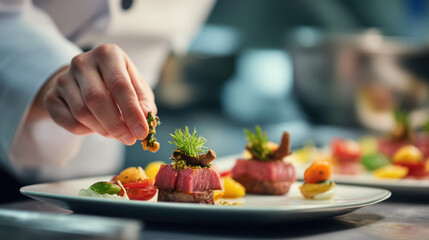Naklejka premium Chef hand garnish plate food fine dining restaurant Chef hand garnishing fine dining plate with