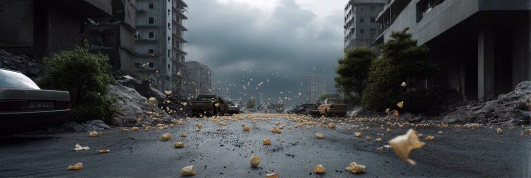 War-torn urban landscape with bullet-riddled walls and debris - Powered by Adobe