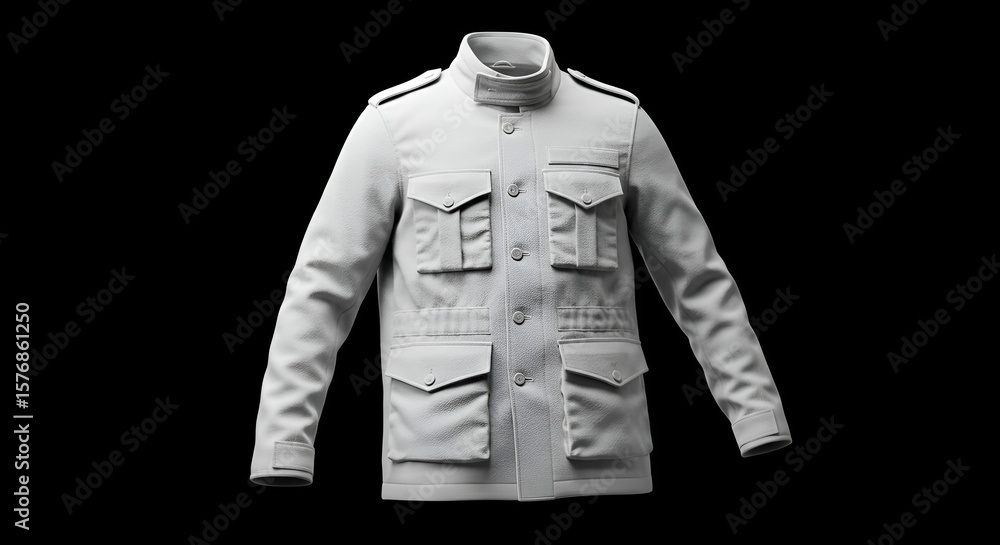 Poster isolated render of a utility jacket with multiple pockets against a black background
