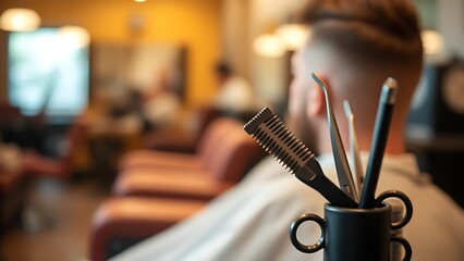 Barber shop scene highlighting hairstyling tools in warm ambient light.