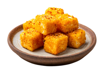 Delicious golden polenta cubes, seasoned and ready to eat.