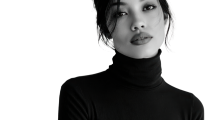 A confident woman in a black turtleneck top poses with a subtle expression against a white isolated background.