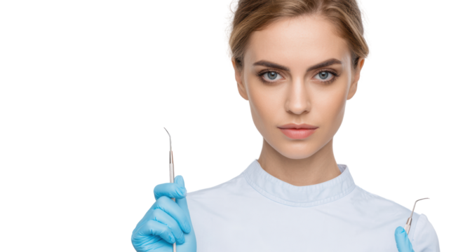 A focused dental professional holding dental tools, ready for patient care, white isolated background.