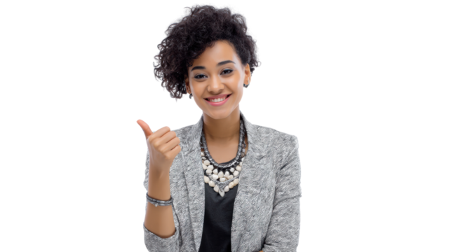 A confident woman in a blazer giving a thumbs up with a smile, isolated on a white background.