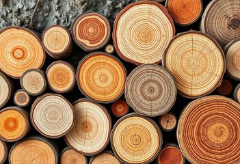 Varied sizes of rustic wooden round slices, showcasing unique wood grain textures against a natural background,  organic,  round wood