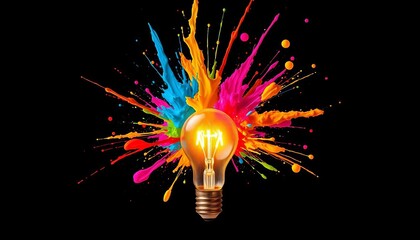 Vibrant paint bursts erupt from a glowing lightbulb against a black backdrop,  art,  fantasy
