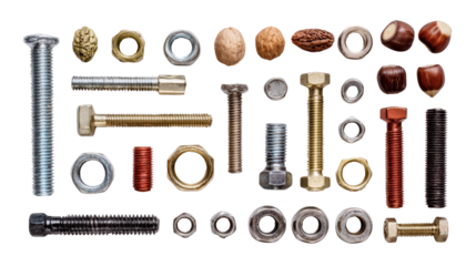 Collection of assorted bolts, nuts, and screws on a white background, showing various materials and sizes.