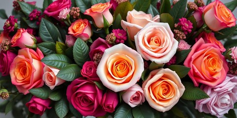 Elegant rose bouquets, lush leaves, vibrant floral arrangements, macro, pink