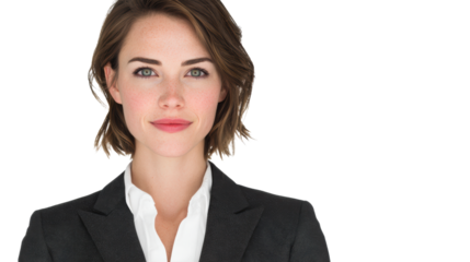 Confident businesswoman in a blazer, looking directly at the camera with a professional expression.