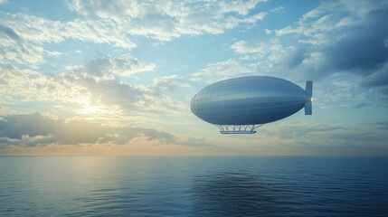 Airship over Calm Ocean at Sunset