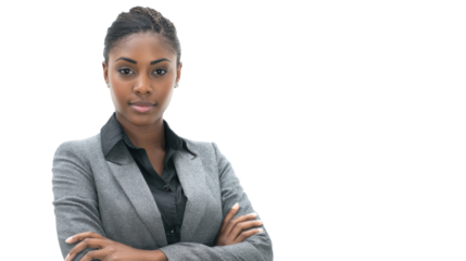 Confident businesswoman in suit, arms crossed, isolated on white background.