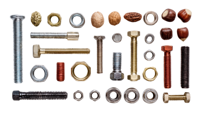 Collection of assorted bolts, nuts, and screws on a white background, showing various materials and sizes.
