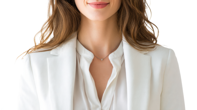 Confident woman in a white blazer, smiling to camera, isolated on white background.
