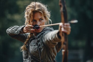Focused Archer Aiming Bow in Natural Outdoor Setting