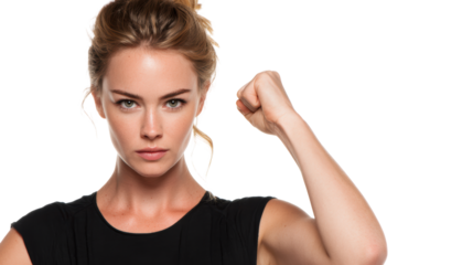 Confident woman with raised fist, expressing strength and determination, isolated on white background.