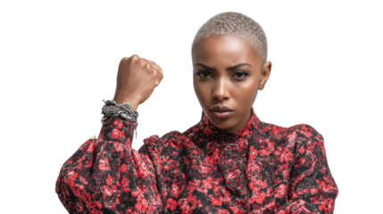 Confident woman with short hair raising her fist in empowerment, on a white isolated background.