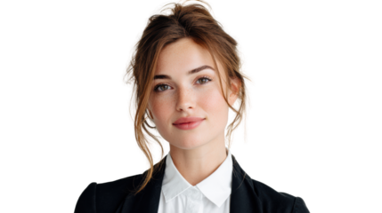 Confident young woman in professional attire, isolated on white background.